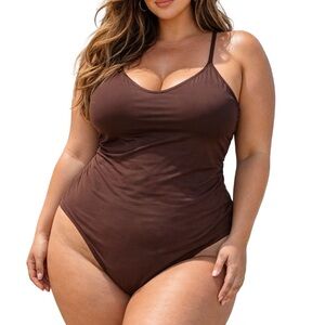 Amazon Essentials Plus Size Brown One-Piece Swimsuit — Classic Scoop Neck 5XL